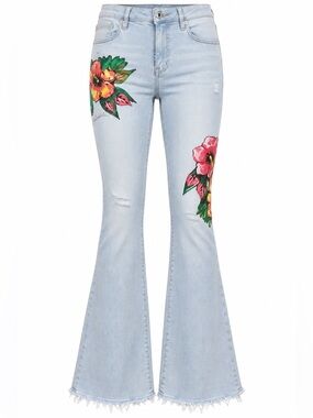 Roberto Cavalli Just Cavalli Hibiscus Embroidered Light Wash Flare Jeans 30"x32"